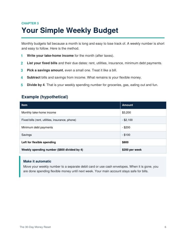 Sample page: weekly budget